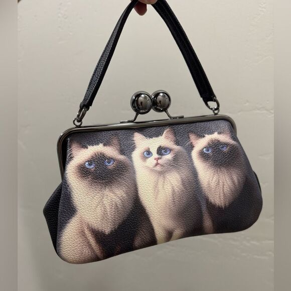 Unique Cats Print Pebble Cowhide Handmade Large Ball Kisslock Handbag, Multi Use - Picture 9 of 16